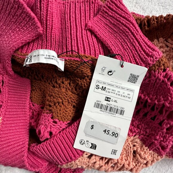 Zara Womens Crochet Knit Striped Sweater S-M Short Sleeve Pink Pullover New - Picture 3 of 7